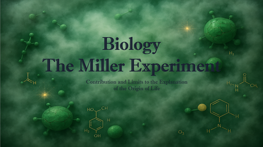 Green, foggy background with molecular structures and sparks. The English text in the foreground says: "Biology The Miller Experiment. Contribution and Limits to the Explanation of the Origin of Life. " Title slide.