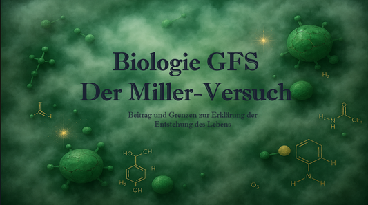 Grüner, nebliger Hintergrund mit Molekülstrukturen und Funken. Der englische Text im Vordergrund lautet: „Biologie Das Miller-Experiment. Beitrag und Grenzen zur Erklärung der Entstehung des Lebens.“ Titelfolie.