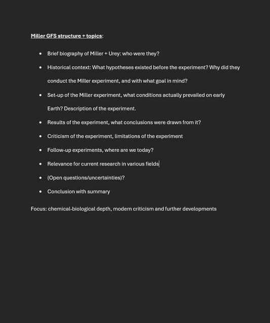 Picture of a Word document with "Miller-Experiment structure and topics." Summary of the presentation notes. Bullet points