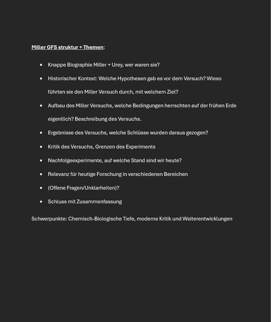 Screenshot eines Word-Dokuments mit Stichpunkten zur Struktur und Themen der Miller-Versuch Präsentation