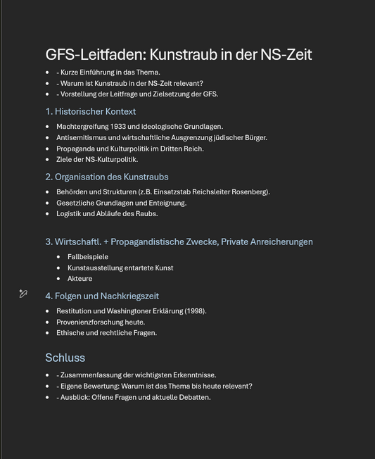 Bild eines Word Dokuments: GFS-Leitfaden zum Kunstraub in der NS-Zeit. Zusammenfassung der Präsentation in Stichpunkten.